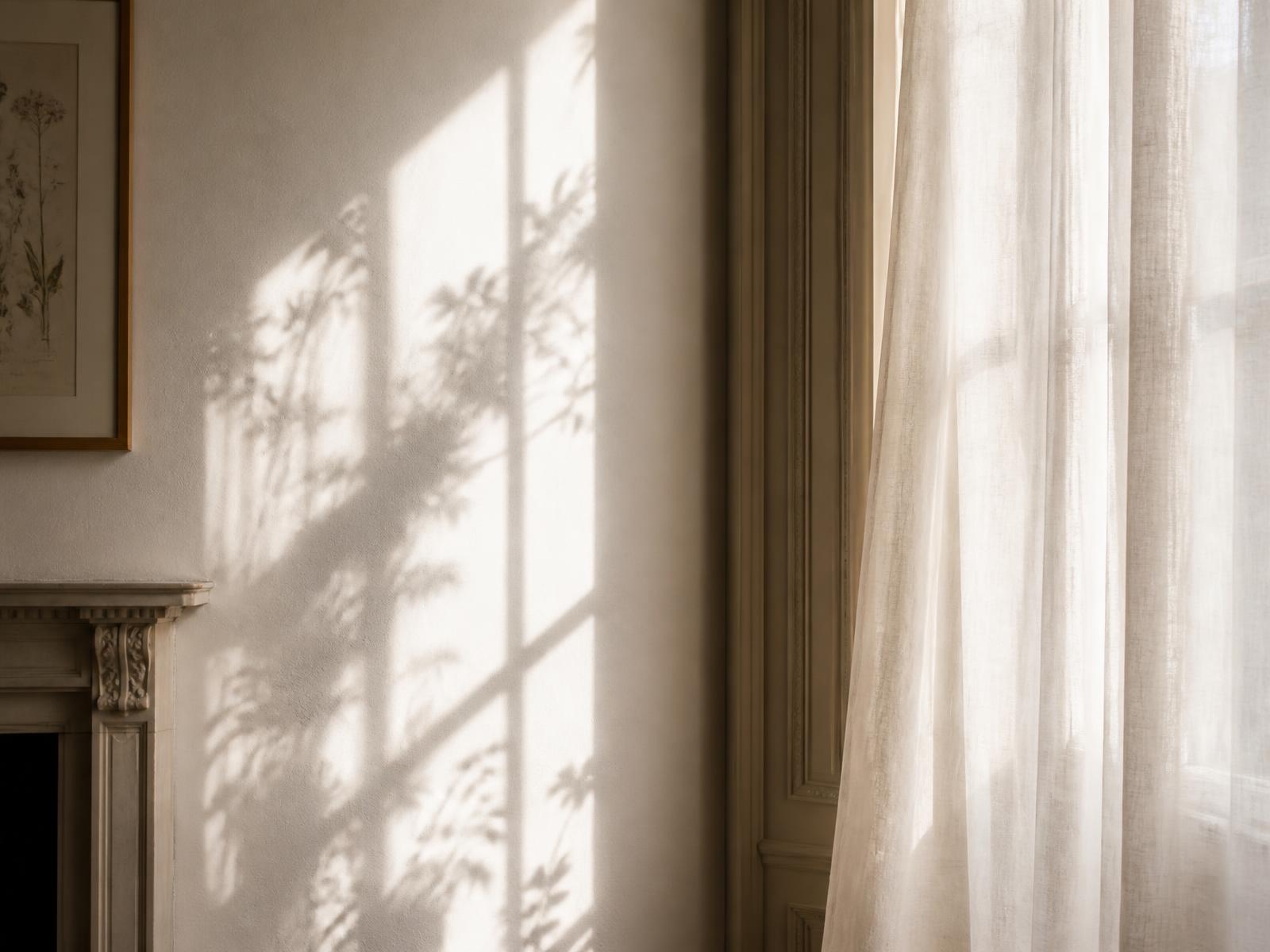 Soft daylight falling across a plastered wall and linen curtain in a quiet consulting room